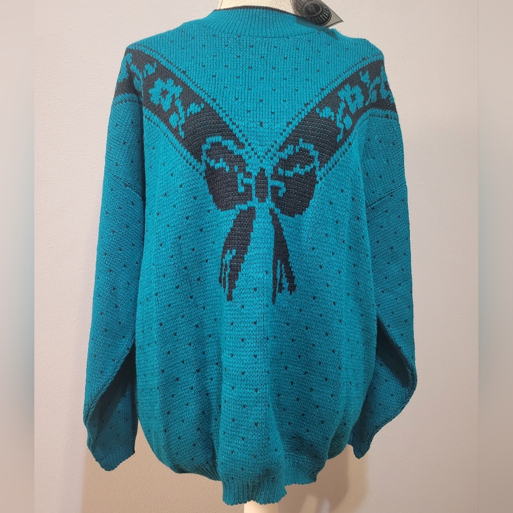 NWT vintage 22W (XL) deep teal and black polka dot and bow crewneck sweater
